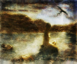 Blissful rêverie by Frantisek Strouhal: seated figure from behind at a lake, hills, a bird overhead, the whole oil print