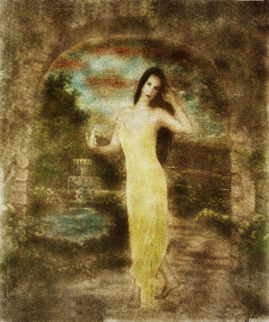 Enchantment by Frantisek Strouhal: woman in a long yellow gown in a stone arch, banded sky and landscape beyond, the whole oil print