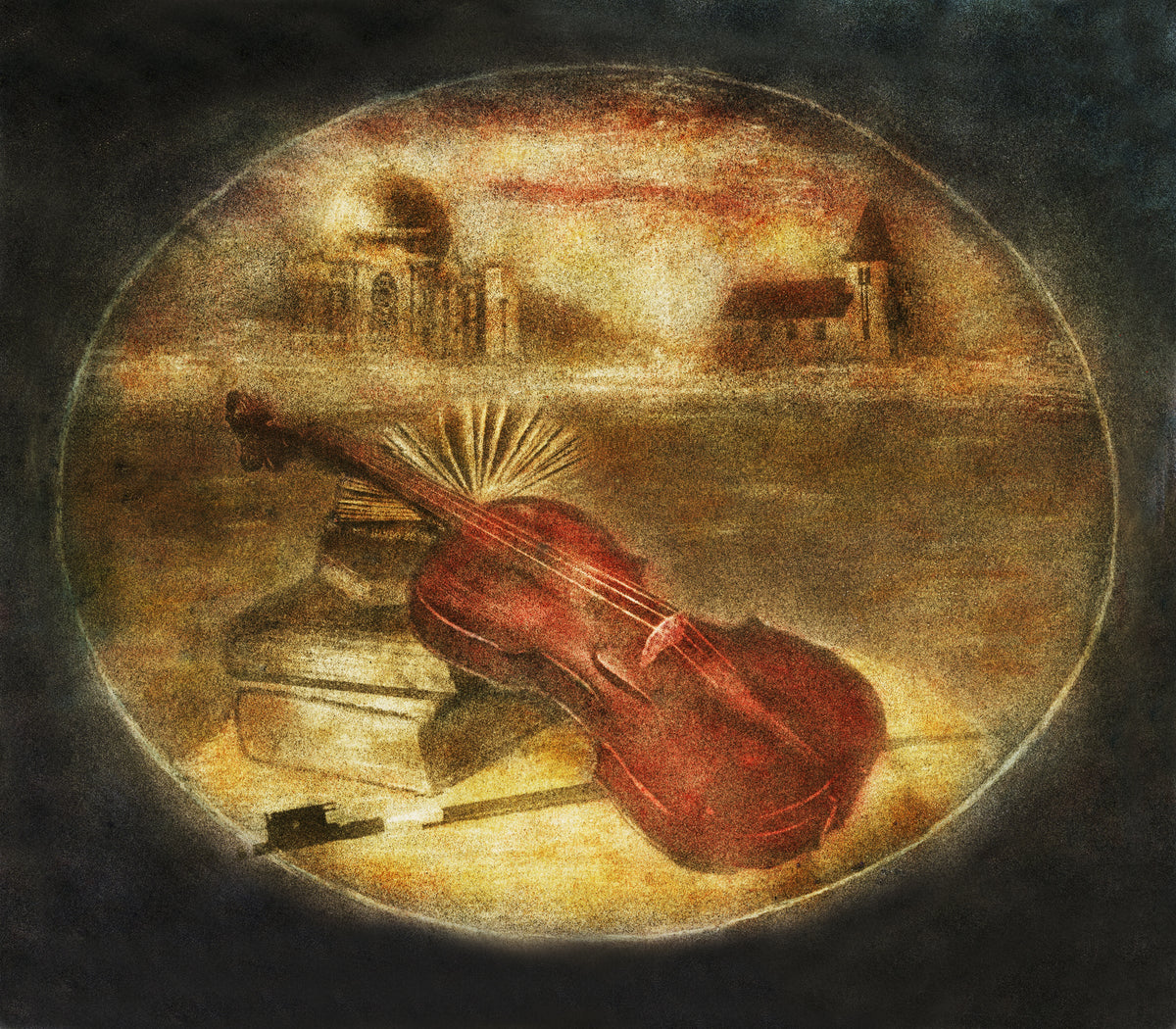 Symphony for Unity by Frantisek Strouhal: a red violin, bow and open book below domed buildings on the horizon, the whole oil print