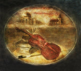 Symphony for Unity by Frantisek Strouhal: a red violin, bow and open book below domed buildings on the horizon, the whole oil print