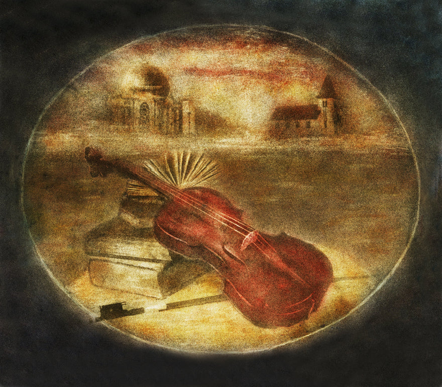 Symphony for Unity by Frantisek Strouhal: a red violin, bow and open book below domed buildings on the horizon, the whole oil print
