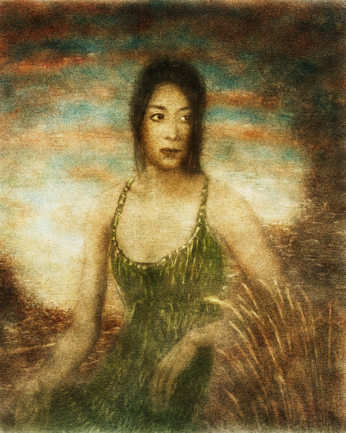 Absorbed in the Moment by Frantisek Strouhal: a woman in a green dress seated in dry grass under a teal sky, the whole oil print