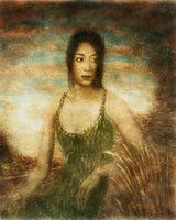 Absorbed in the Moment by Frantisek Strouhal: a woman in a green dress seated in dry grass under a teal sky, the whole oil print