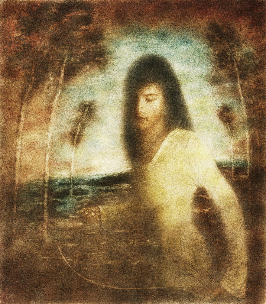 Return to the Origin by Frantisek Strouhal: woman in a pale dress turning, framed by trees with water behind, the whole oil print