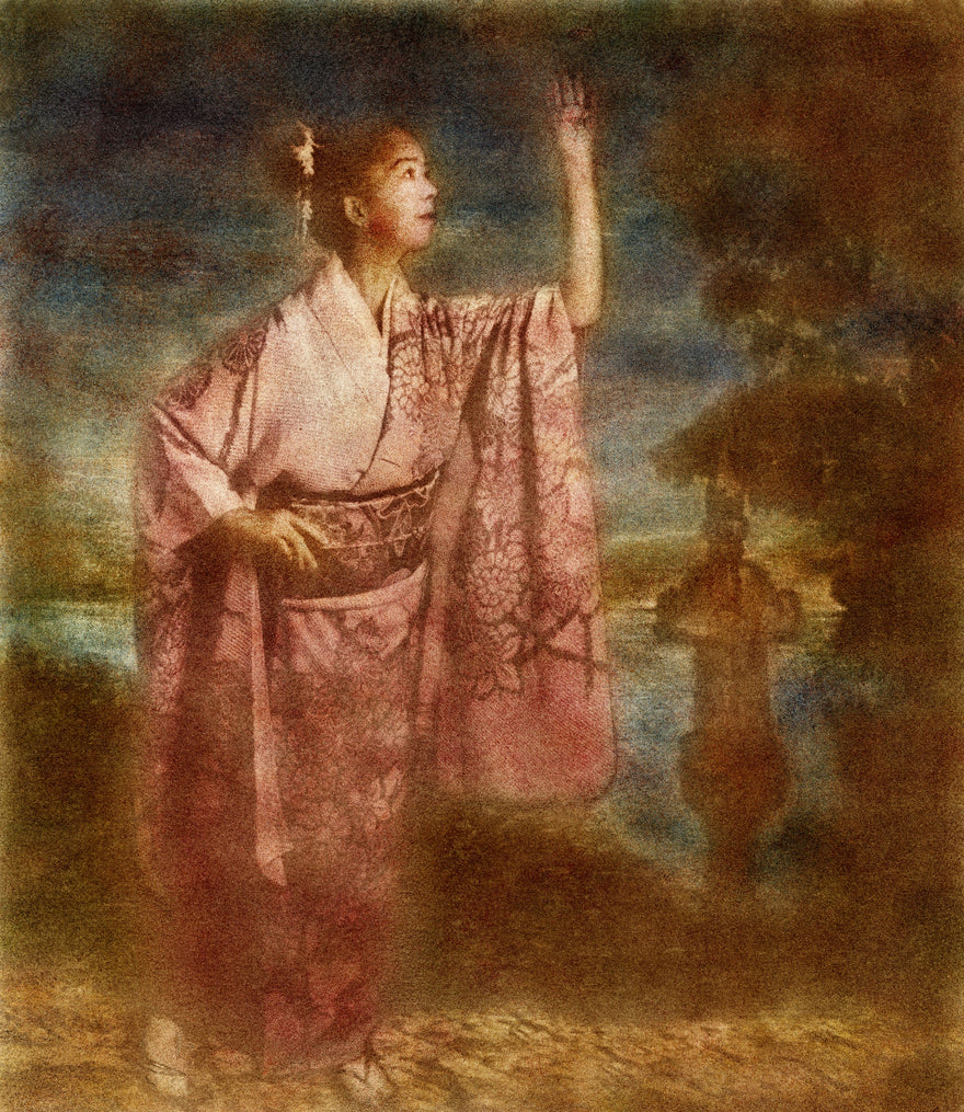Reaching the Impossible by Frantisek Strouhal: a woman in a pink kimono raising one arm by a lake, the whole oil print
