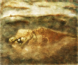 The Awakening by Frantisek Strouhal: two figures lying close on golden ground, faces together, hazy horizon, the whole oil print