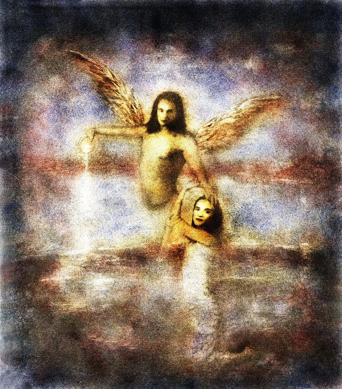 The River Within by Frantisek Strouhal: a winged figure above a child with raised arms in blue and red light, the whole oil print