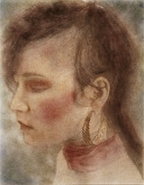 The Golden Earring by Frantisek Strouhal: profile of a woman with a large gold hoop earring, soft browns and rose, the whole oil print