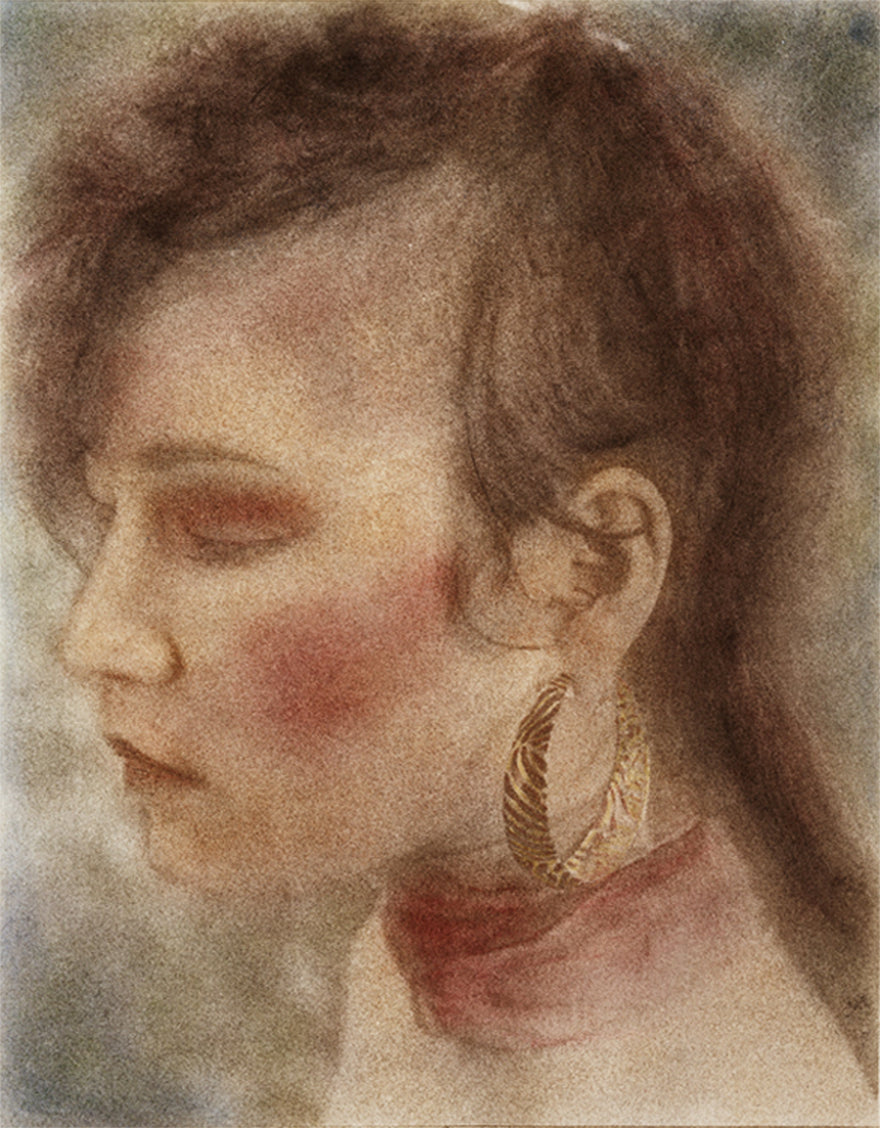 The Golden Earring by Frantisek Strouhal: profile of a woman with a large gold hoop earring, soft browns and rose, the whole oil print