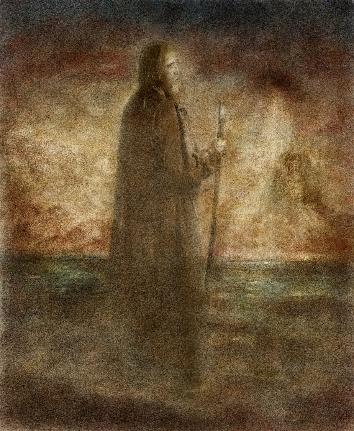 Shangrila by Frantisek Strouhal: robed figure with a staff before a glowing sky and still water, the whole oil print