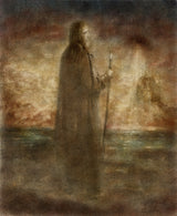 Shangrila by Frantisek Strouhal: robed figure with a staff before a glowing sky and still water, the whole oil print