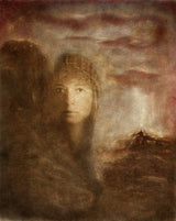 Hidden Shadows by Frantisek Strouhal: a woman's face beside dark shapes, red sky and a glowing mountain peak, the whole oil print