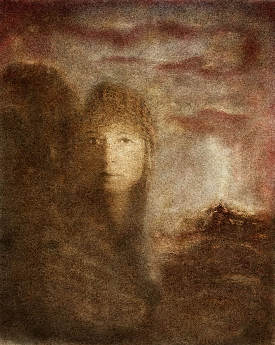 Hidden Shadows by Frantisek Strouhal: a woman's face beside dark shapes, red sky and a glowing mountain peak, the whole oil print