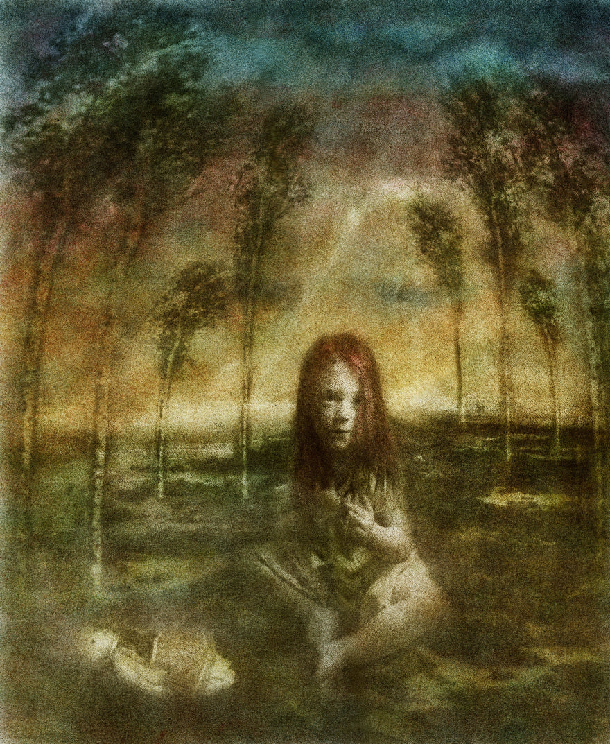 Rio by Frantisek Strouhal: a red-haired girl seated among thin trees under a teal and gold sky, the whole oil print