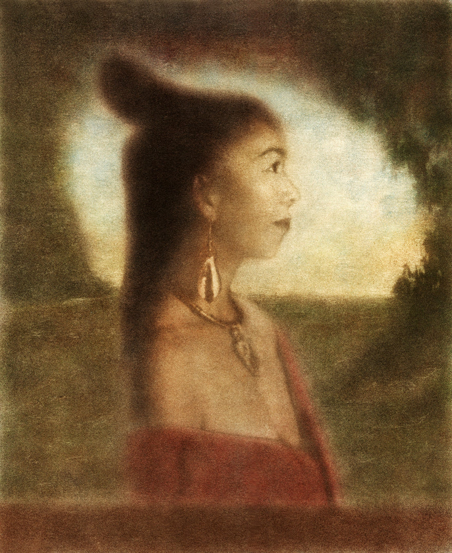Being Mana by Frantisek Strouhal: young woman in profile with a shell earring and red wrap, green field behind, the whole oil print
