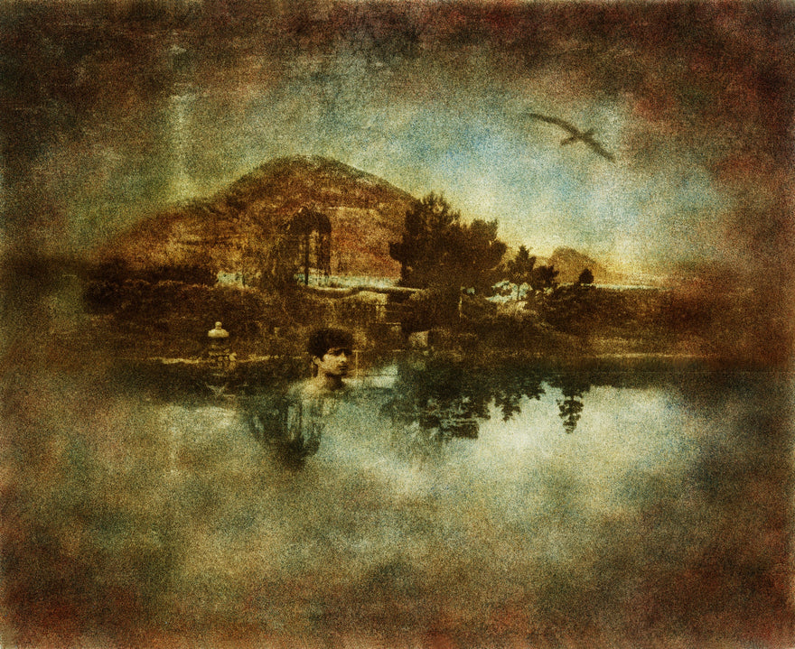 There is no landscape without the human I by Frantisek Strouhal: head above still water, hill and bird beyond, the whole oil print
