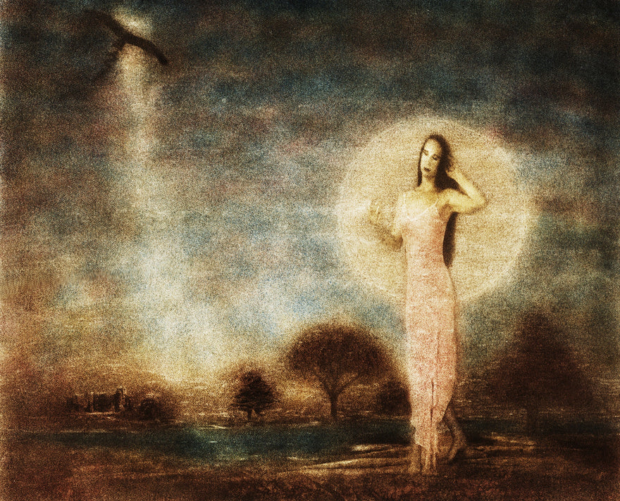 To the Other Side by Frantisek Strouhal: a woman in a long pink dress before a glowing moon and bare trees, the whole oil print
