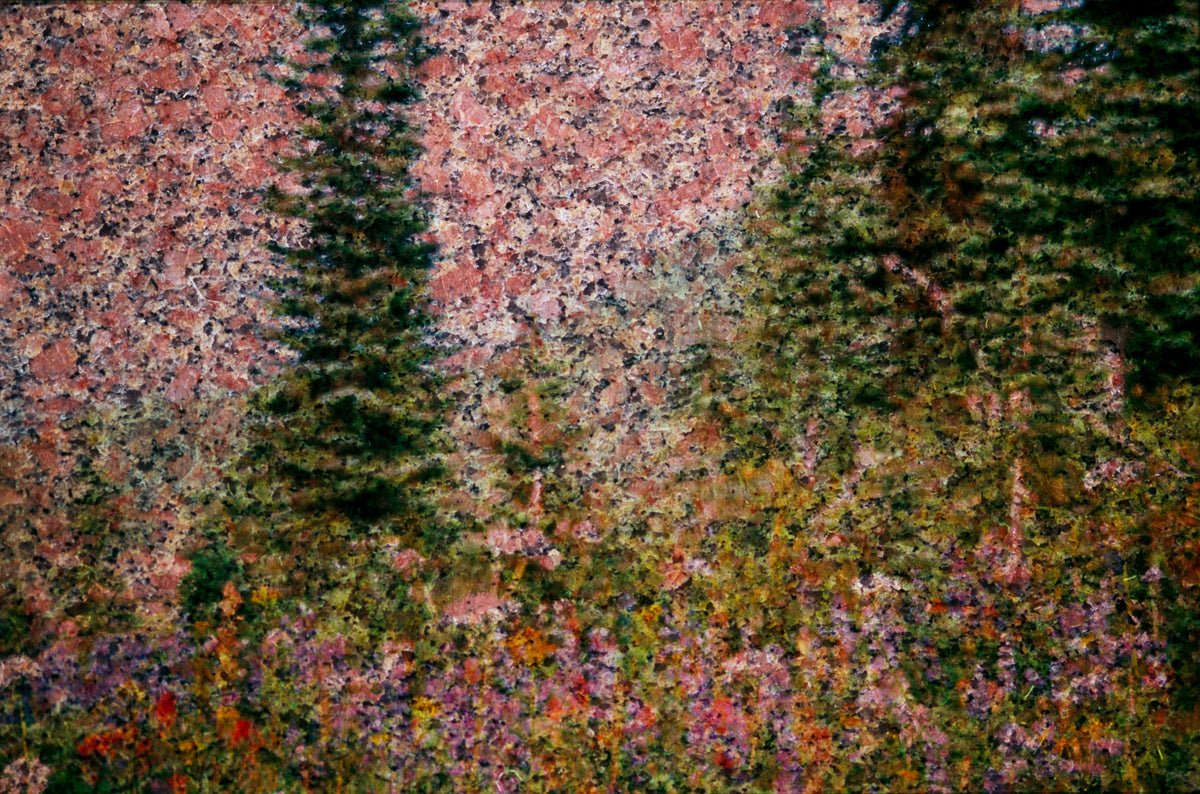 Idaho Peak 2 by Frantisek Strouhal: pink rock face over dark conifers, meadow of orange and purple flowers, the whole impressionistic photograph