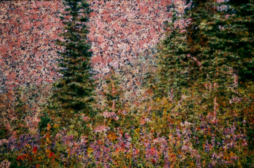 Idaho Peak 2 by Frantisek Strouhal: pink rock face over dark conifers, meadow of orange and purple flowers, the whole impressionistic photograph