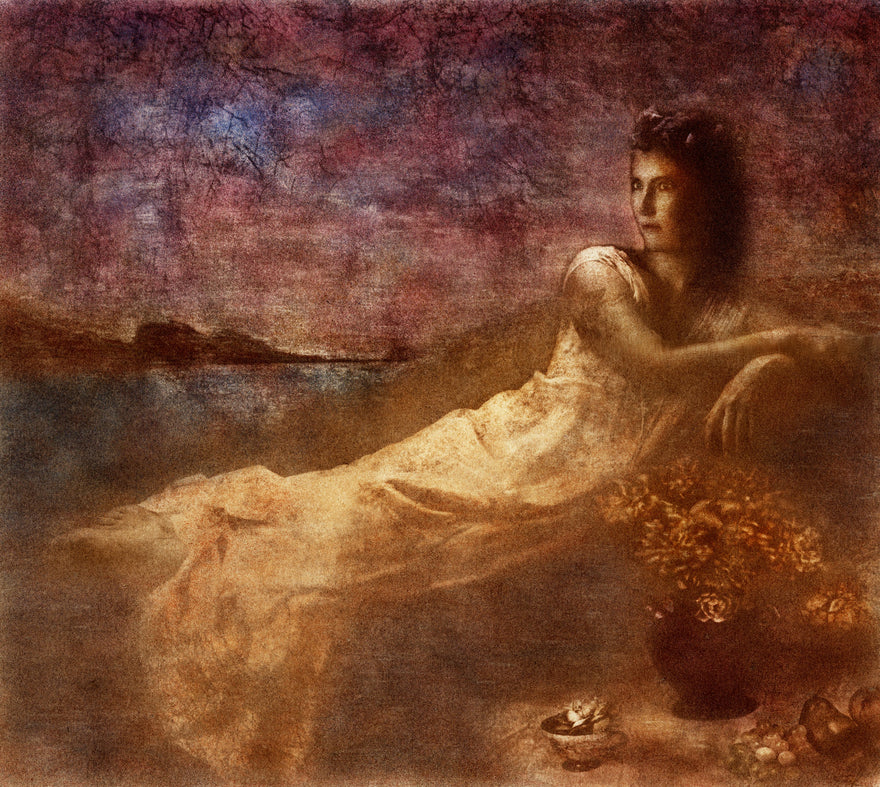 Just a Dream by Frantisek Strouhal: woman in a pale gown reclining by water, violet sky, vase of flowers, the whole oil print