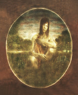 Serene in Nature by Frantisek Strouhal: woman kneeling by a pond, draped cloth, oval vignette on dark brown, the whole oil print