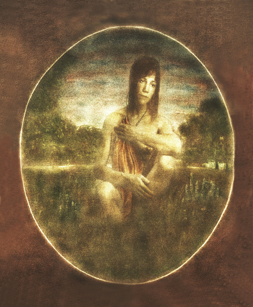 Serene in Nature by Frantisek Strouhal: woman kneeling by a pond, draped cloth, oval vignette on dark brown, the whole oil print