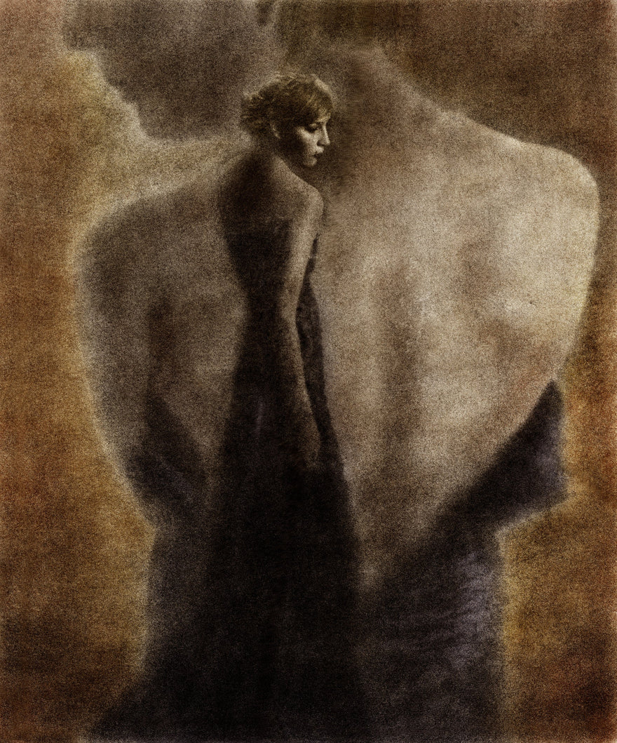 Innocence by Frantisek Strouhal: woman in profile framed by large blurred bare backs, ochre and grey, the whole oil print