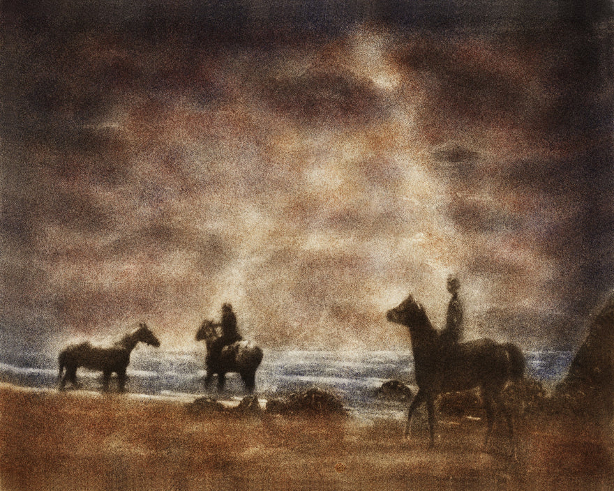 Horse Riding on the Beach by Frantisek Strouhal: three horses and riders at the surf line under a rust sky, the whole oil print