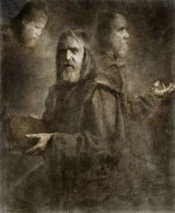 The Time Keeper by Frantisek Strouhal: a bearded man in a robe with arms outstretched and two faces behind him, the whole oil print