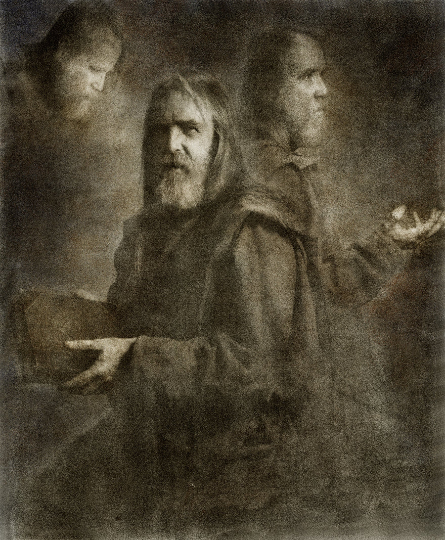 The Time Keeper by Frantisek Strouhal: a bearded man in a robe with arms outstretched and two faces behind him, the whole oil print