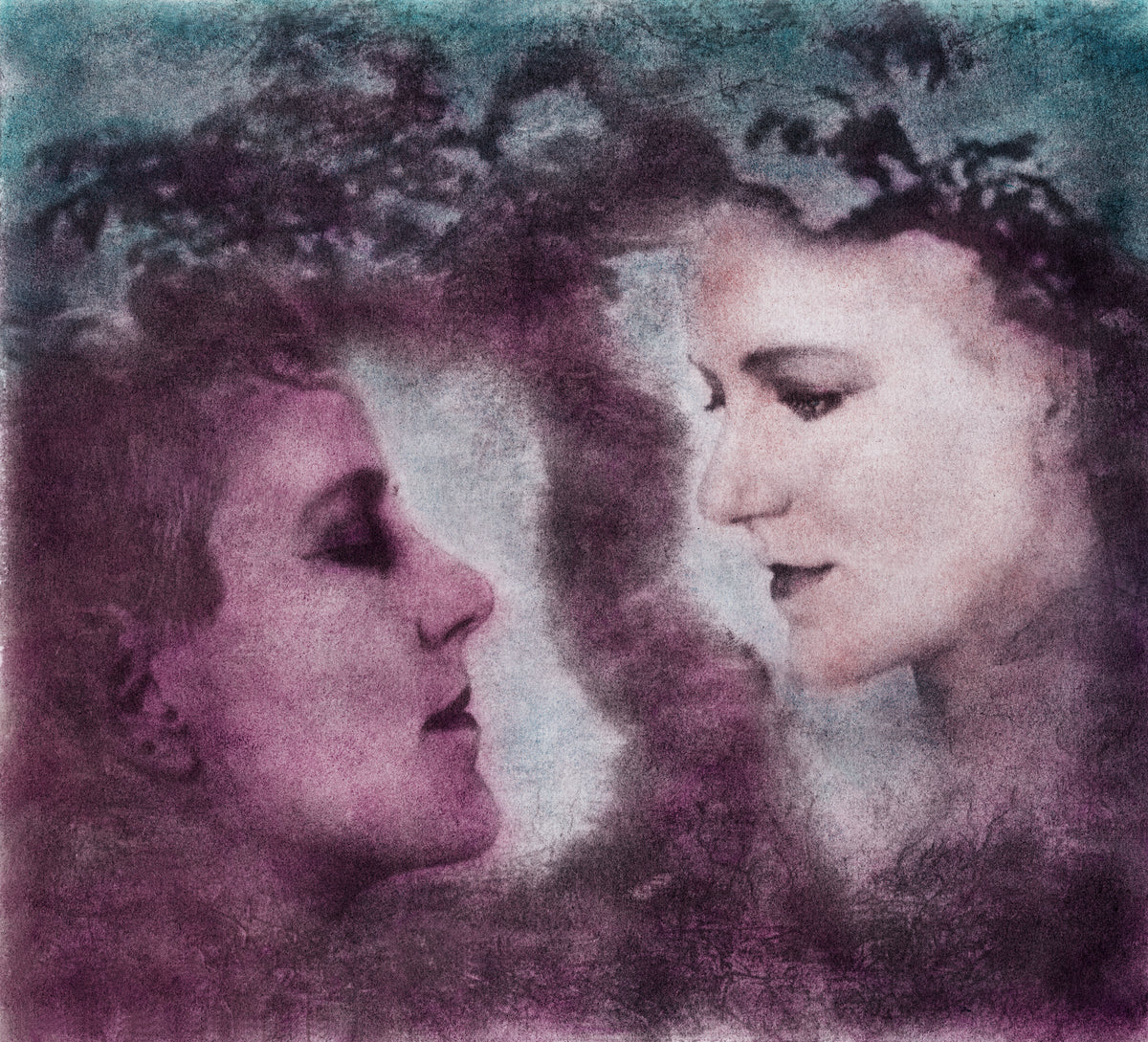Embracing the Unconscious by Frantisek Strouhal: two faces meeting in profile, plum and teal washes, the whole oil print