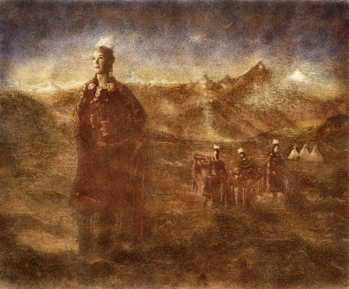 The Butterfly Dance by Frantisek Strouhal: a robed figure before mountains, distant figures and tipis, the whole oil print