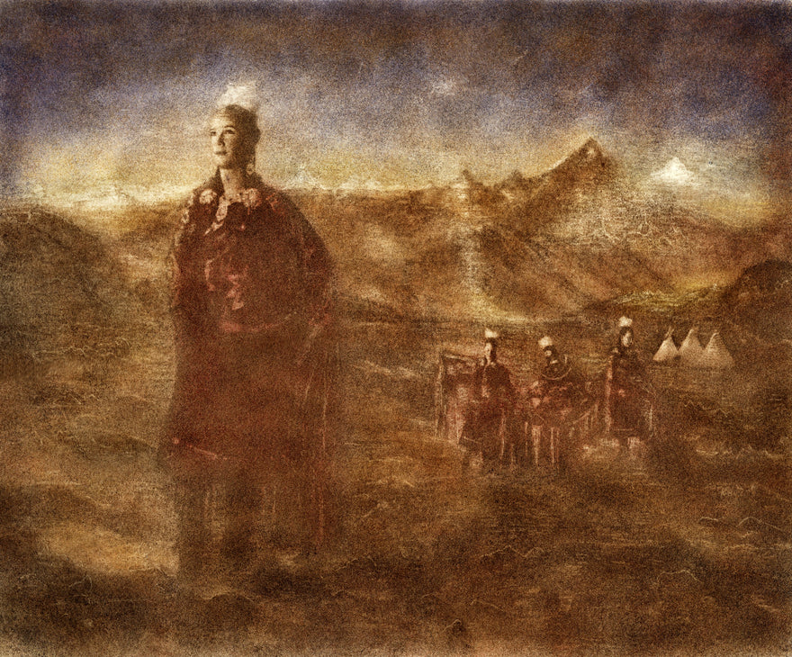 The Butterfly Dance by Frantisek Strouhal: a robed figure before mountains, distant figures and tipis, the whole oil print