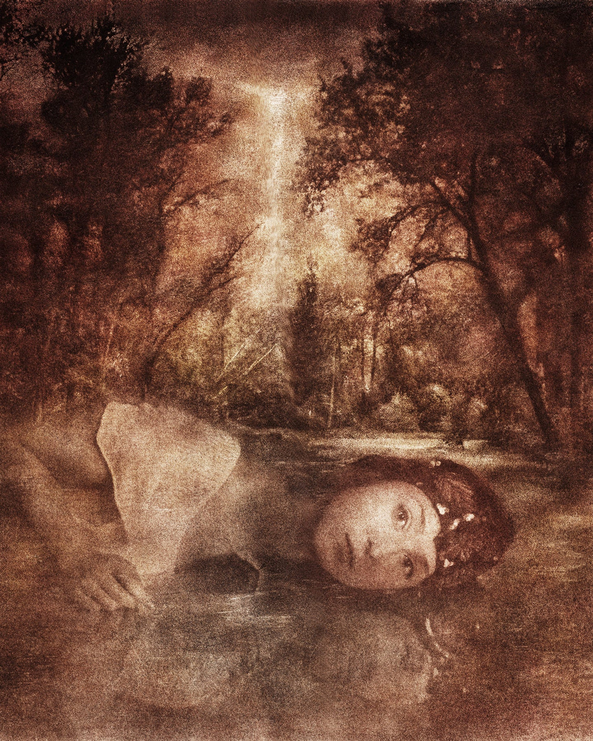 Aurora by Frantisek Strouhal: a woman lying at the water's edge with trees and a shaft of light behind, the whole oil print