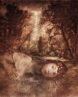 Aurora by Frantisek Strouhal: a woman lying at the water's edge with trees and a shaft of light behind, the whole oil print