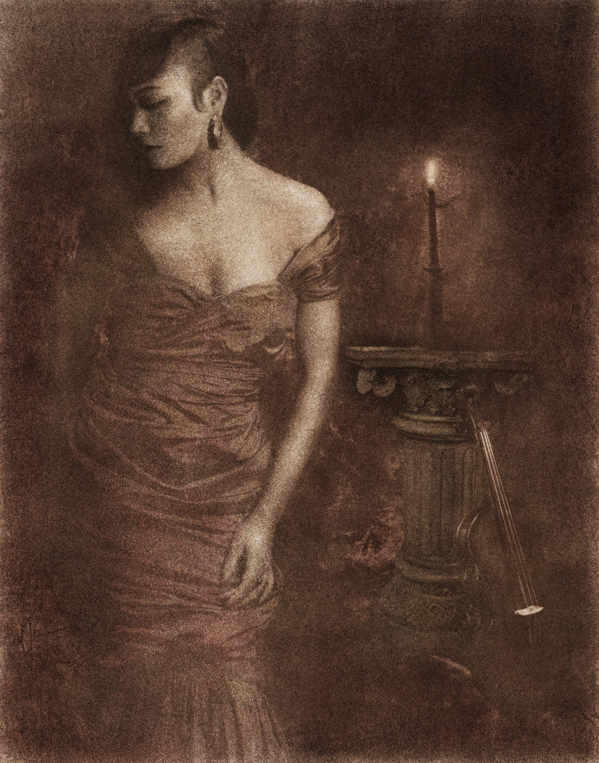 Musing by the Candle Light by Frantisek Strouhal: woman in an off-shoulder gown by a candlelit stone pedestal, the whole oil print