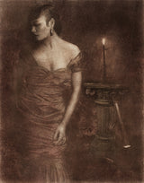 Musing by the Candle Light by Frantisek Strouhal: woman in an off-shoulder gown by a candlelit stone pedestal, the whole oil print