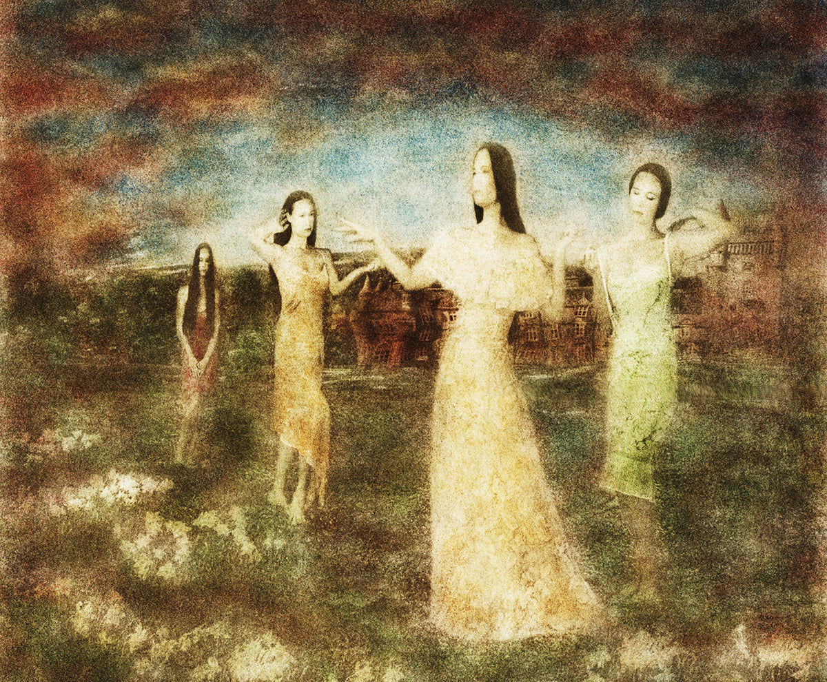 Qui Suis Je? by Frantisek Strouhal: four women in red, gold, cream and green gowns in a field under a dark sky, the whole oil print