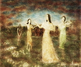 Qui Suis Je? by Frantisek Strouhal: four women in red, gold, cream and green gowns in a field under a dark sky, the whole oil print