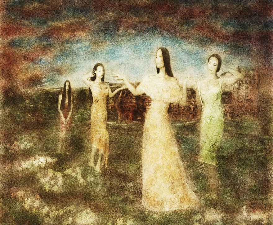 Qui Suis Je? by Frantisek Strouhal: four women in red, gold, cream and green gowns in a field under a dark sky, the whole oil print
