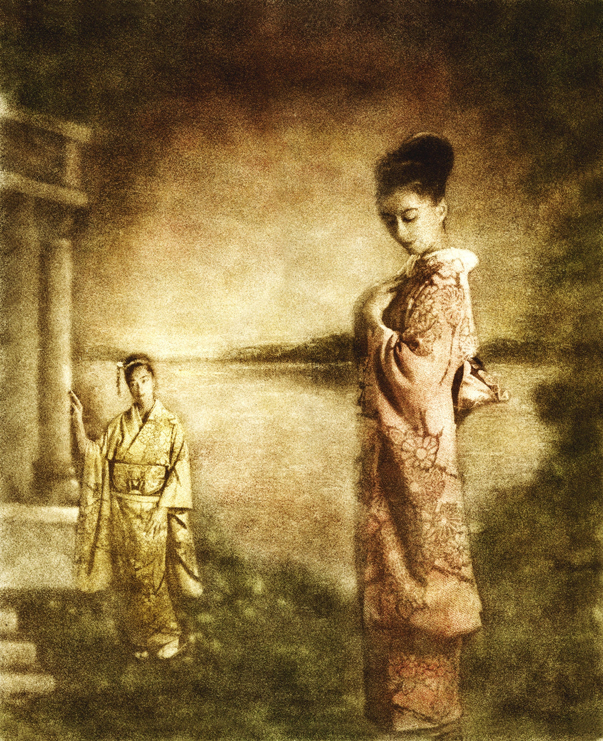 Silence Within by Frantisek Strouhal: two women in kimono by a lake, one in coral and one in yellow, the whole oil print
