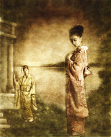 Silence Within by Frantisek Strouhal: two women in kimono by a lake, one in coral and one in yellow, the whole oil print