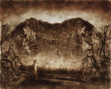 The Unrevealed Path by Frantisek Strouhal: a lone figure in a pale gown on a path below mountains and bare trees, the whole oil print