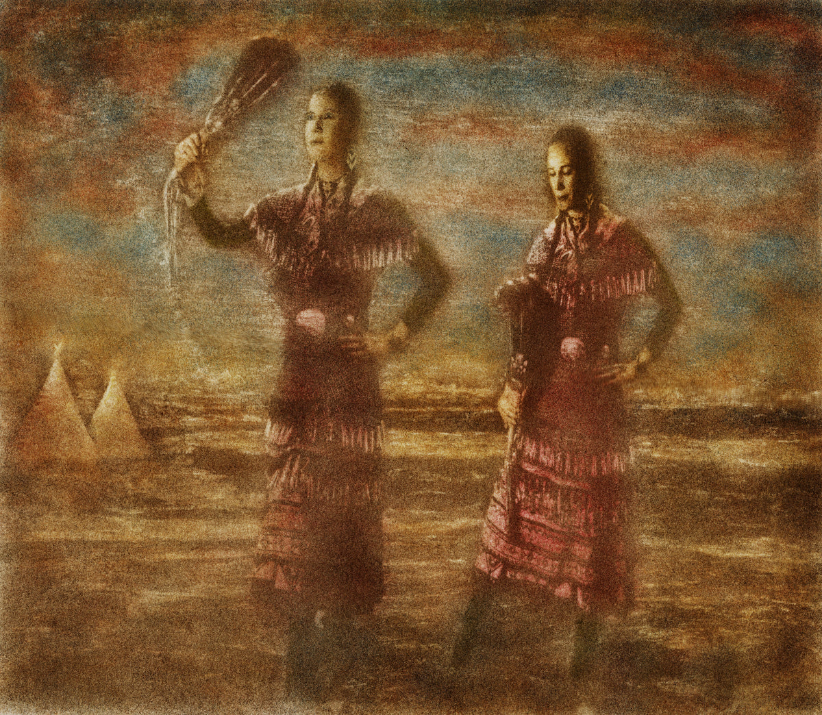 Dance in Reverence by Frantisek Strouhal: two dancers in fringed regalia, tipis on the plain behind, the whole oil print