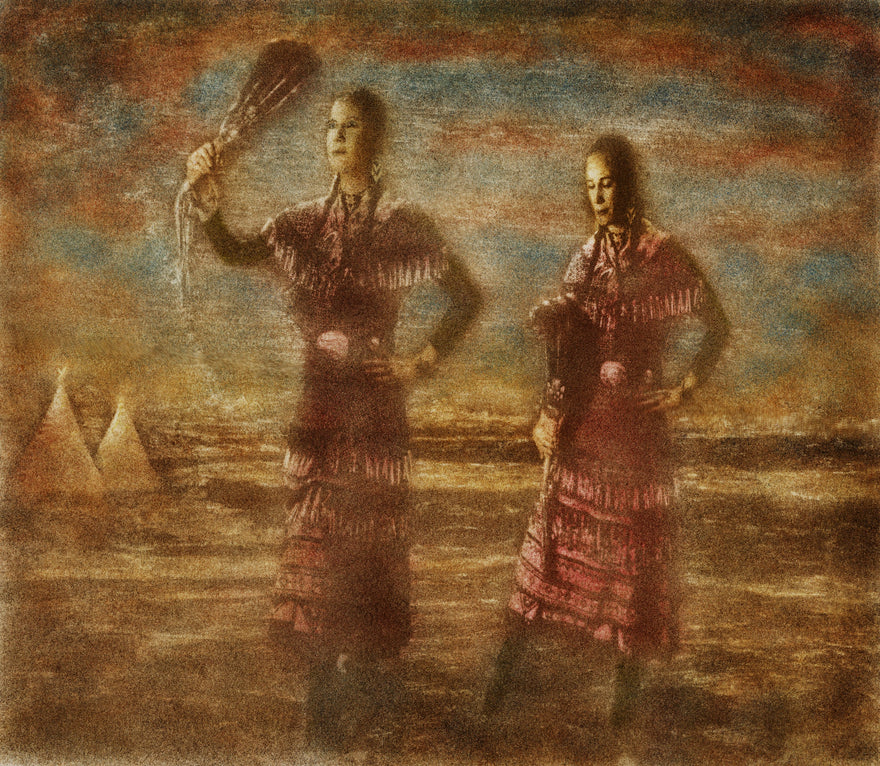 Dance in Reverence by Frantisek Strouhal: two dancers in fringed regalia, tipis on the plain behind, the whole oil print