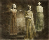 The Peace Maker by Frantisek Strouhal: three women in long gowns of rust, gold and pale green on dark brown, the whole oil print