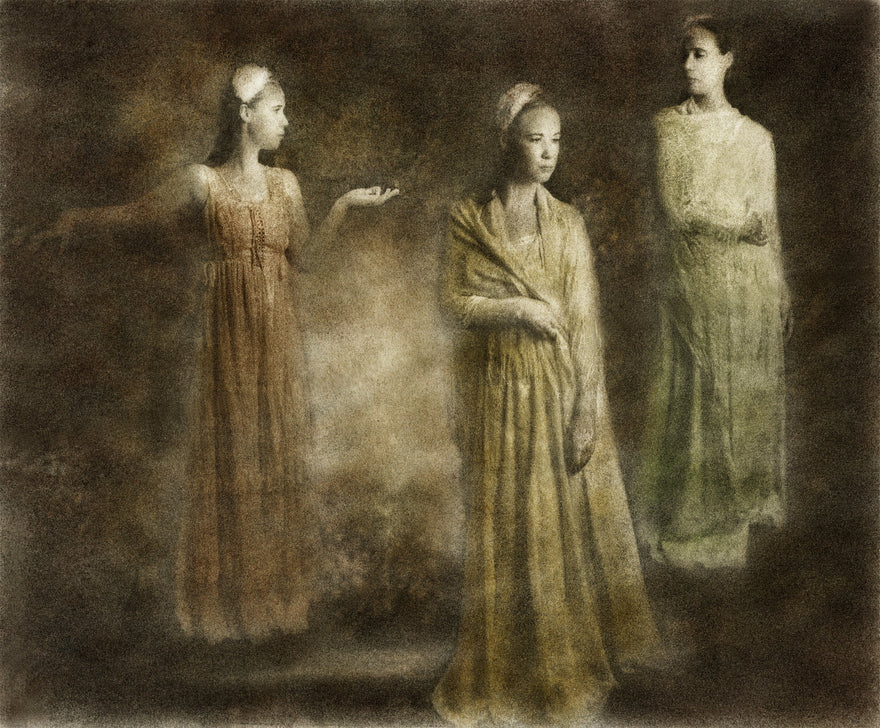 The Peace Maker by Frantisek Strouhal: three women in long gowns of rust, gold and pale green on dark brown, the whole oil print