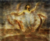 Inherent Grace by Frantisek Strouhal: figure in a pale dress, arms raised, ringed by blurred rust and ochre forms, the whole oil print