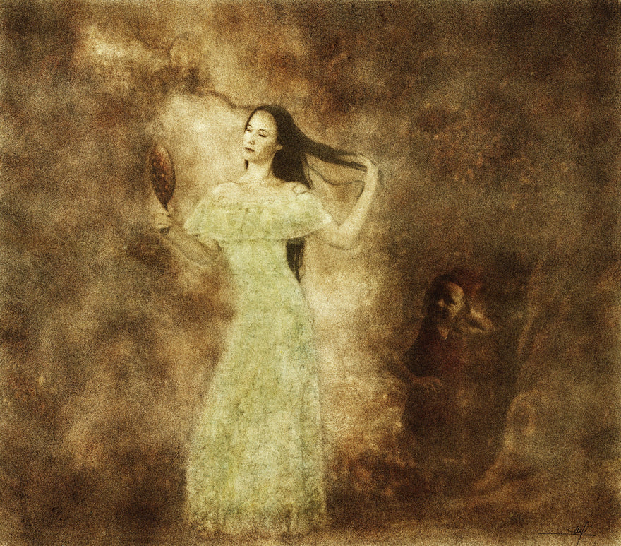 Self Introspection by Frantisek Strouhal: a woman in a pale gown holding a hand mirror, brown ground, the whole oil print