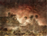 The Bathers by Frantisek Strouhal: draped figures at the water's edge below a ruined castle in dark red haze, the whole oil print